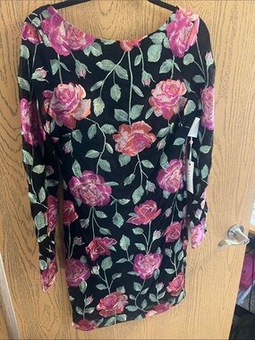 Siena Studio Black Midi Dress with Pink Rose Embroidery